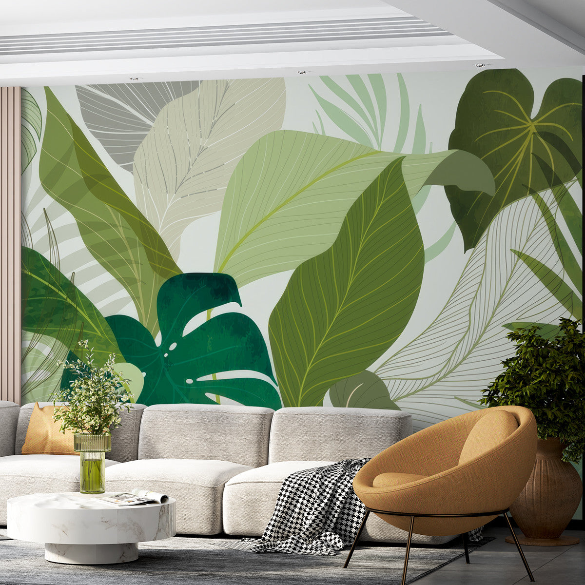 Papier peint botanique feuillage vert Green Harmony dans un salon, Wonderwall Casablanca, vue 3