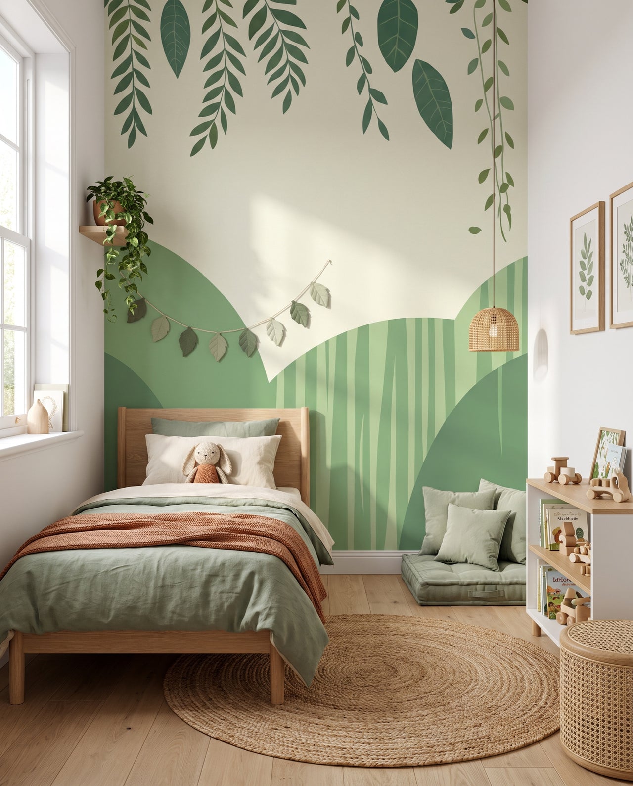 Papier peint panoramique Lierre : lianes et feuillages verts retombants au-dessus de collines douces dans une chambre d'enfant, Wonderwall Casablanca