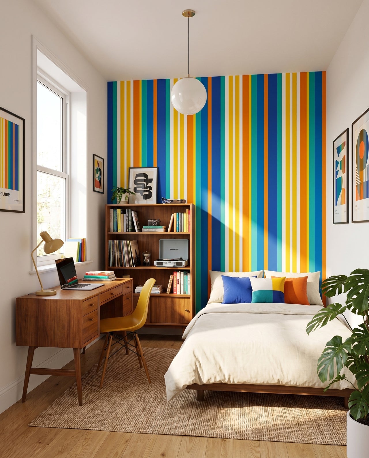 Papier peint Transat vu vers la fenêtre et la bibliothèque en noyer : rayures multicolores Wonderwall Casablanca