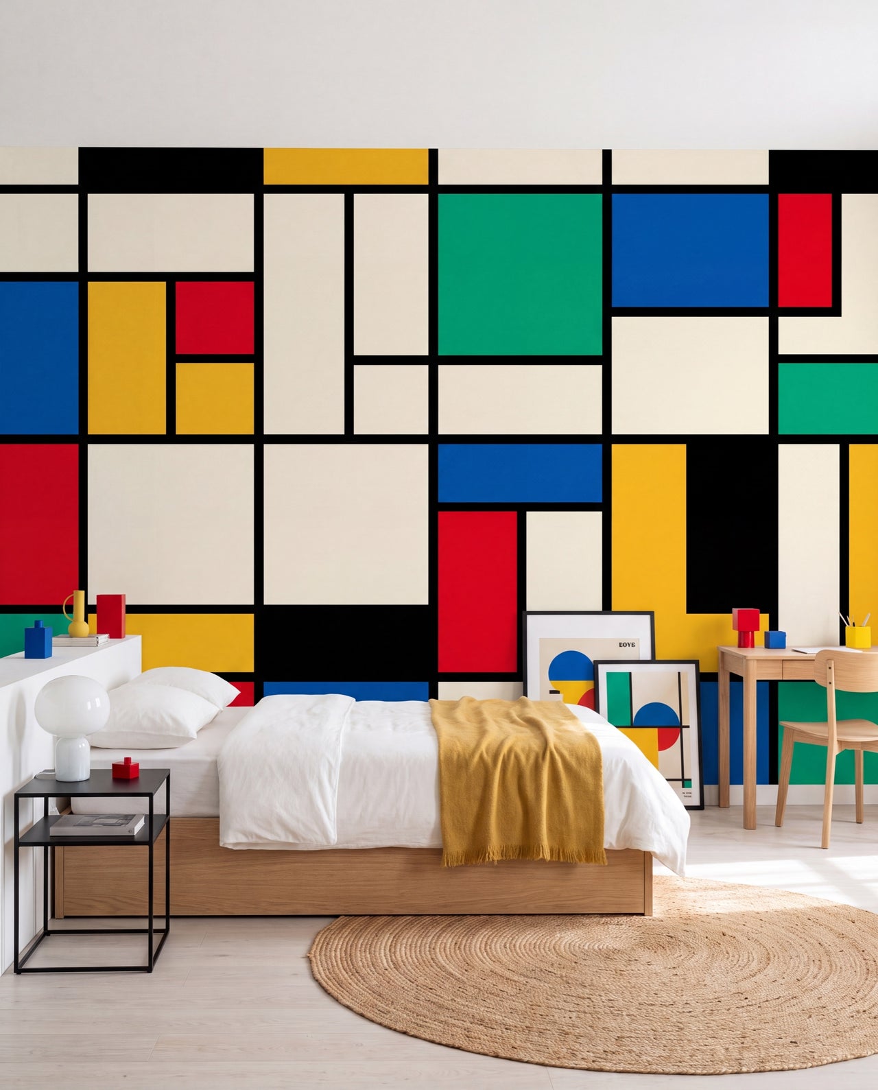 Fresque murale Mondrian dans une chambre ado graphique, papier peint panoramique sur mesure Wonderwall