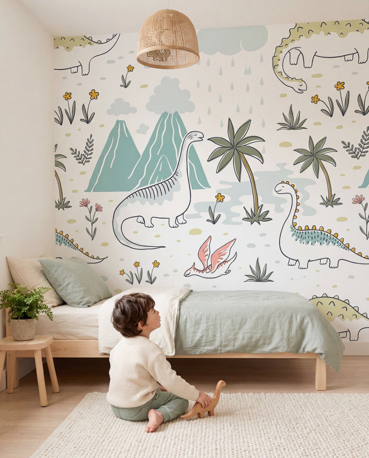 Papier peint Diplodocus dans une chambre d'enfant, un enfant devant la fresque aux dinosaures, Wonderwall Casablanca