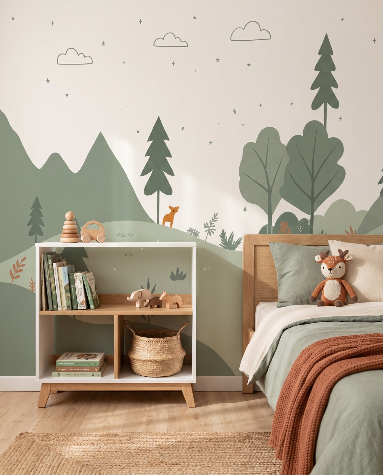 Fresque murale Sylvain en gros plan derrière l'étagère à animaux en bois : papier peint forêt sauge sur mesure Wonderwall