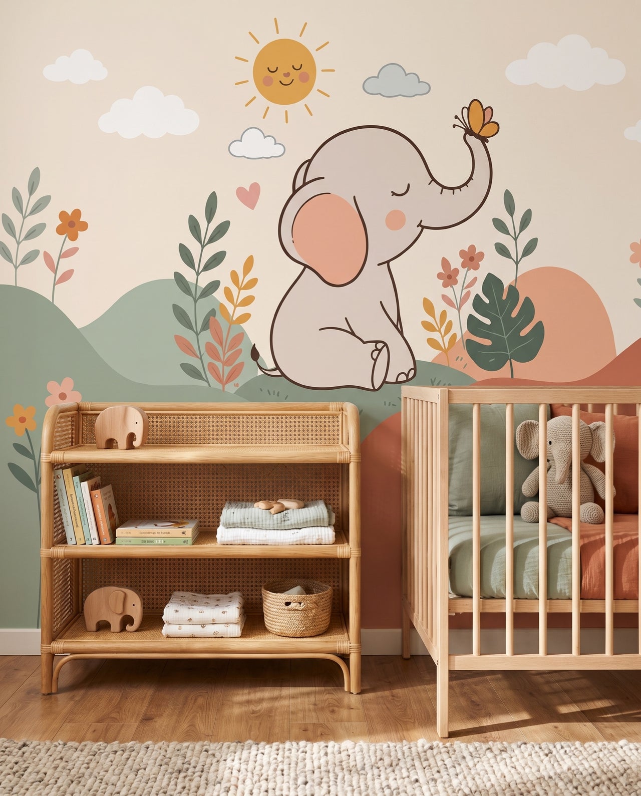 Fresque murale Bibou en gros plan derrière l'étagère en rotin : papier peint chambre de bébé sur mesure Wonderwall