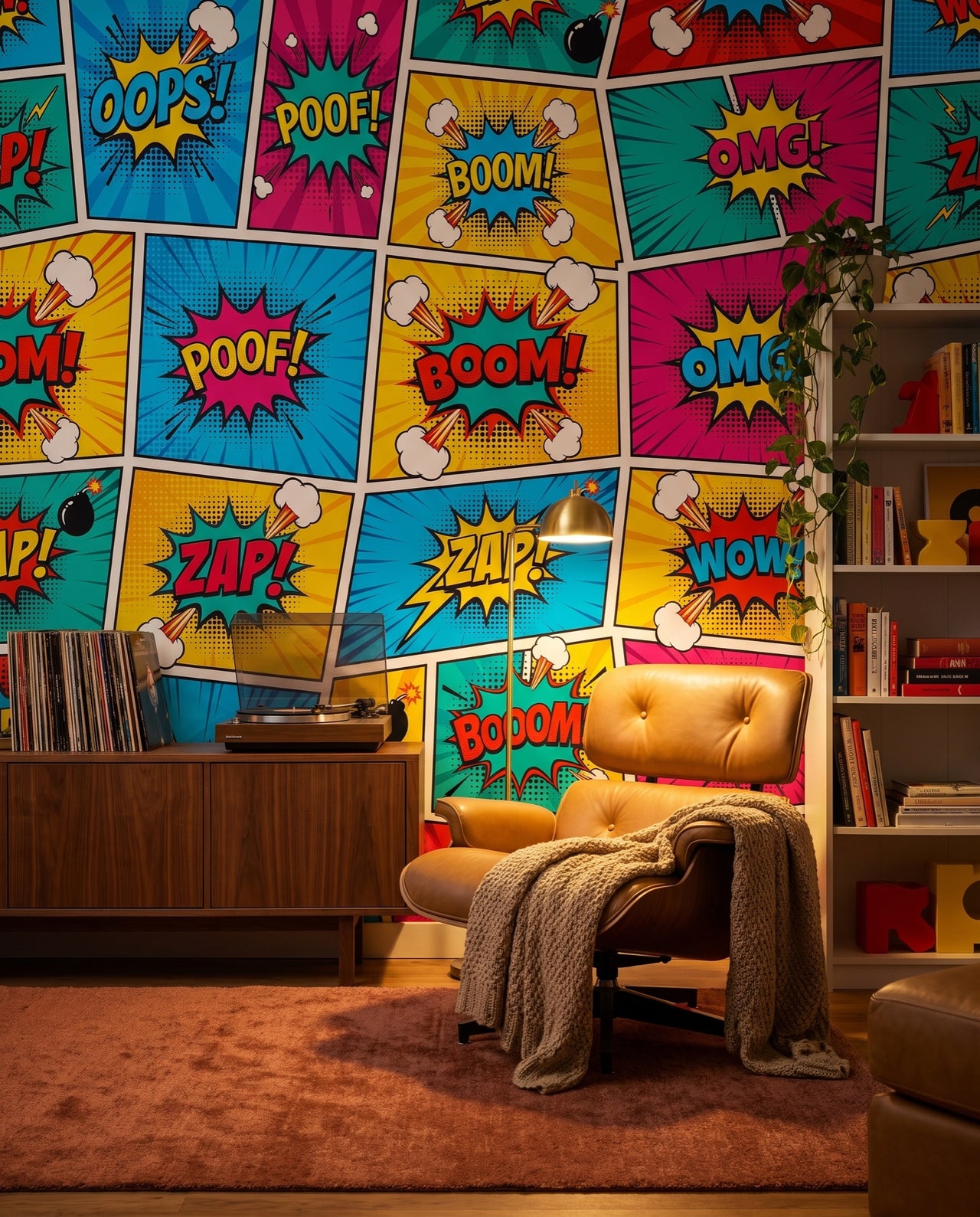 Papier peint panoramique Vertigo dans un lounge musique à platine vinyle et fauteuil cuir caramel : fresque pop art Wonderwall Casablanca