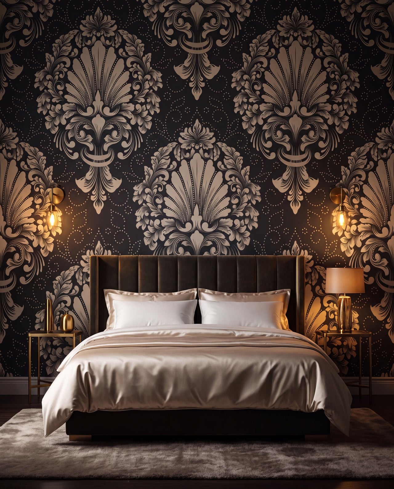 Papier peint damas Versailles dans une chambre glamour tamisée, sur mesure Wonderwall Casablanca
