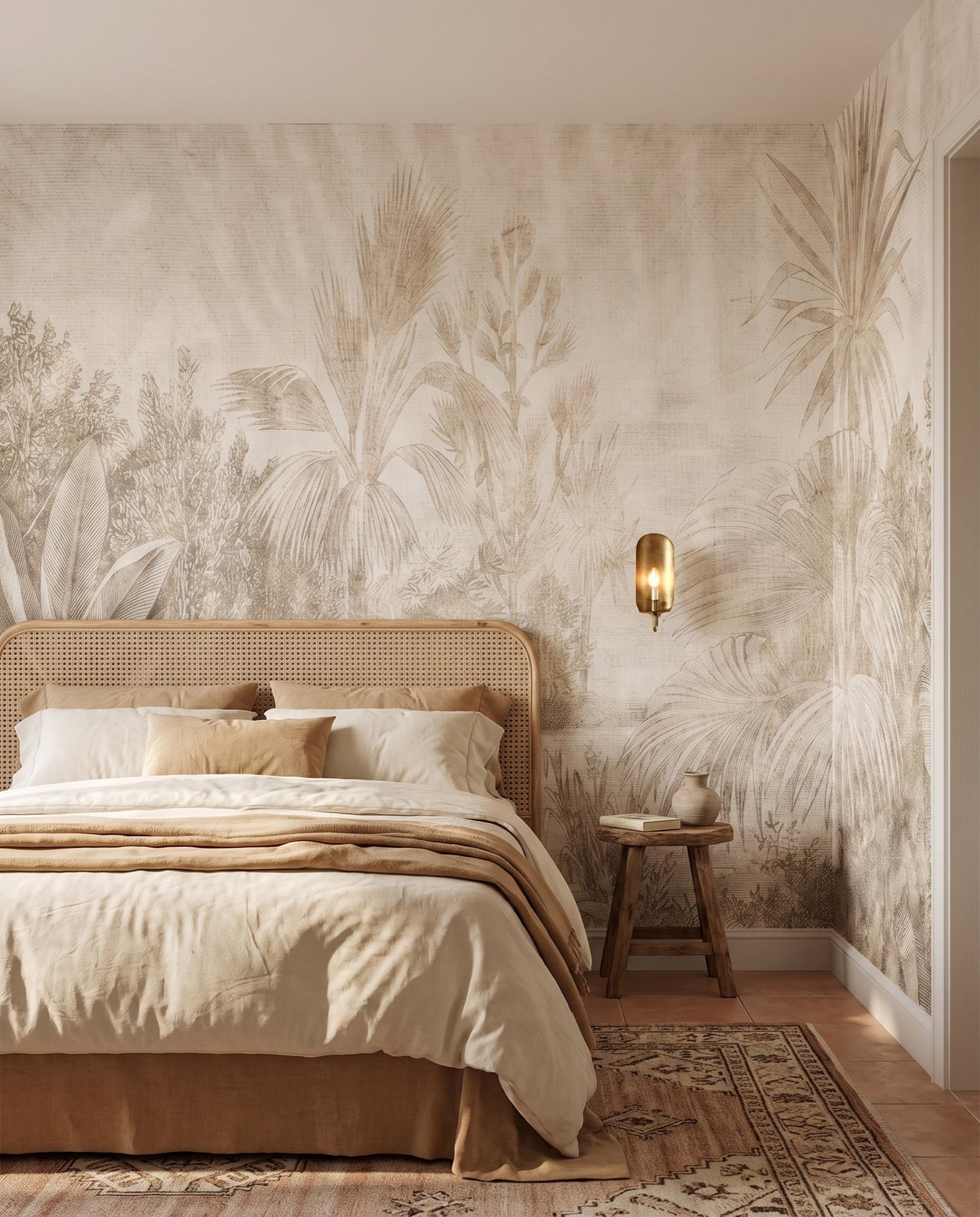 Fresque murale Batavia dans une chambre tête cannage rotin — papier peint panoramique jungle sépia sur mesure Wonderwall