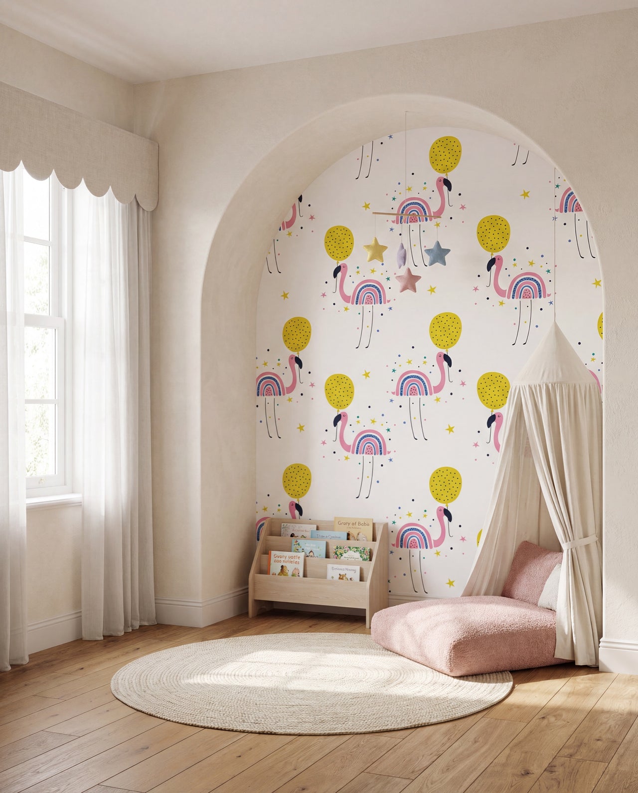 Papier peint Fandango dans un coin lecture sous arche, flamants roses sur mesure, Wonderwall Casablanca