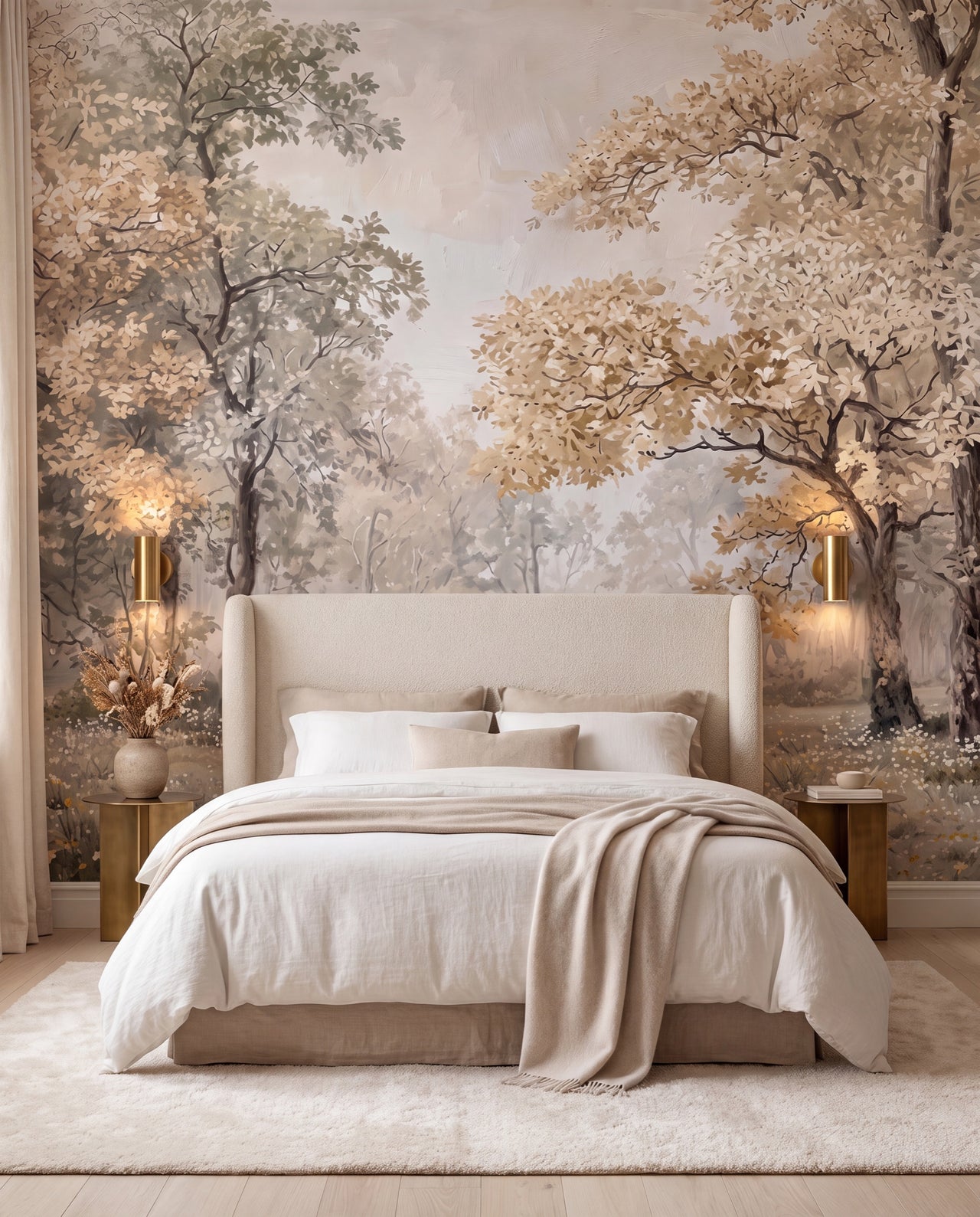 Papier peint panoramique forêt Clairière, fresque forêt brumeuse et prairie fleurie dans une chambre boutique-hôtel nature, Wonderwall Casablanca