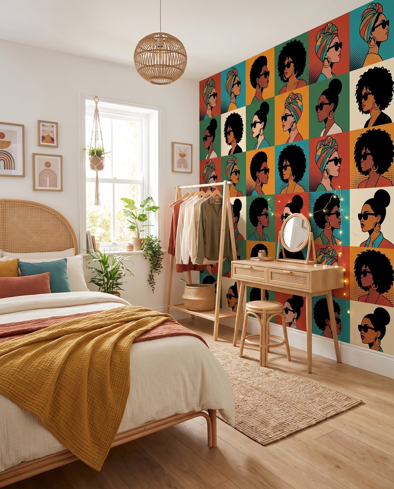 Papier peint panoramique Icônes vu depuis le lit vers la fenêtre et le portant : fresque portraits pop art Wonderwall Casablanca