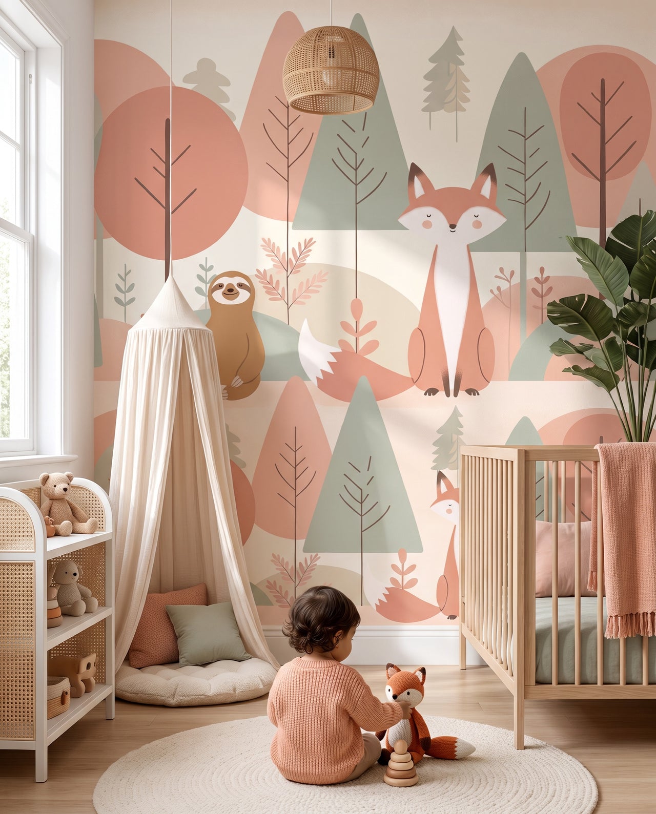 Fresque murale Complice dans une chambre de bébé, un enfant joue avec sa peluche renard : forêt pastel sur mesure au Maroc, Wonderwall
