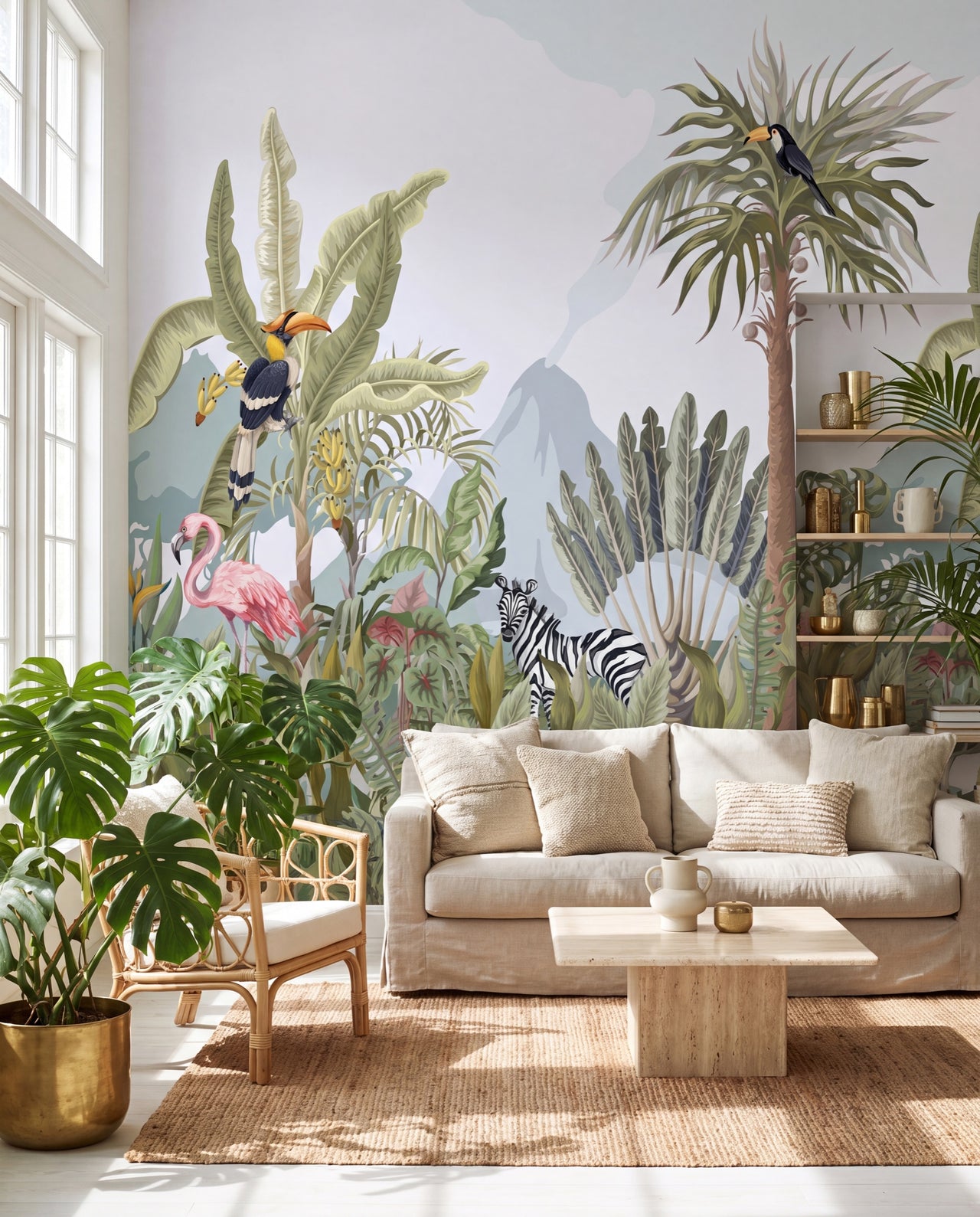 Fresque murale Éden Sauvage dans un salon tropical lumineux, papier peint panoramique sur mesure Wonderwall
