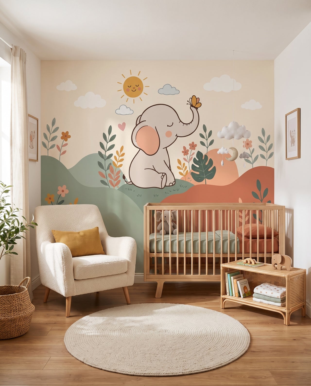 Papier peint panoramique éléphant Bibou : bébé éléphant et papillon sur collines sauge et terracotta dans une nursery, Wonderwall Casablanca