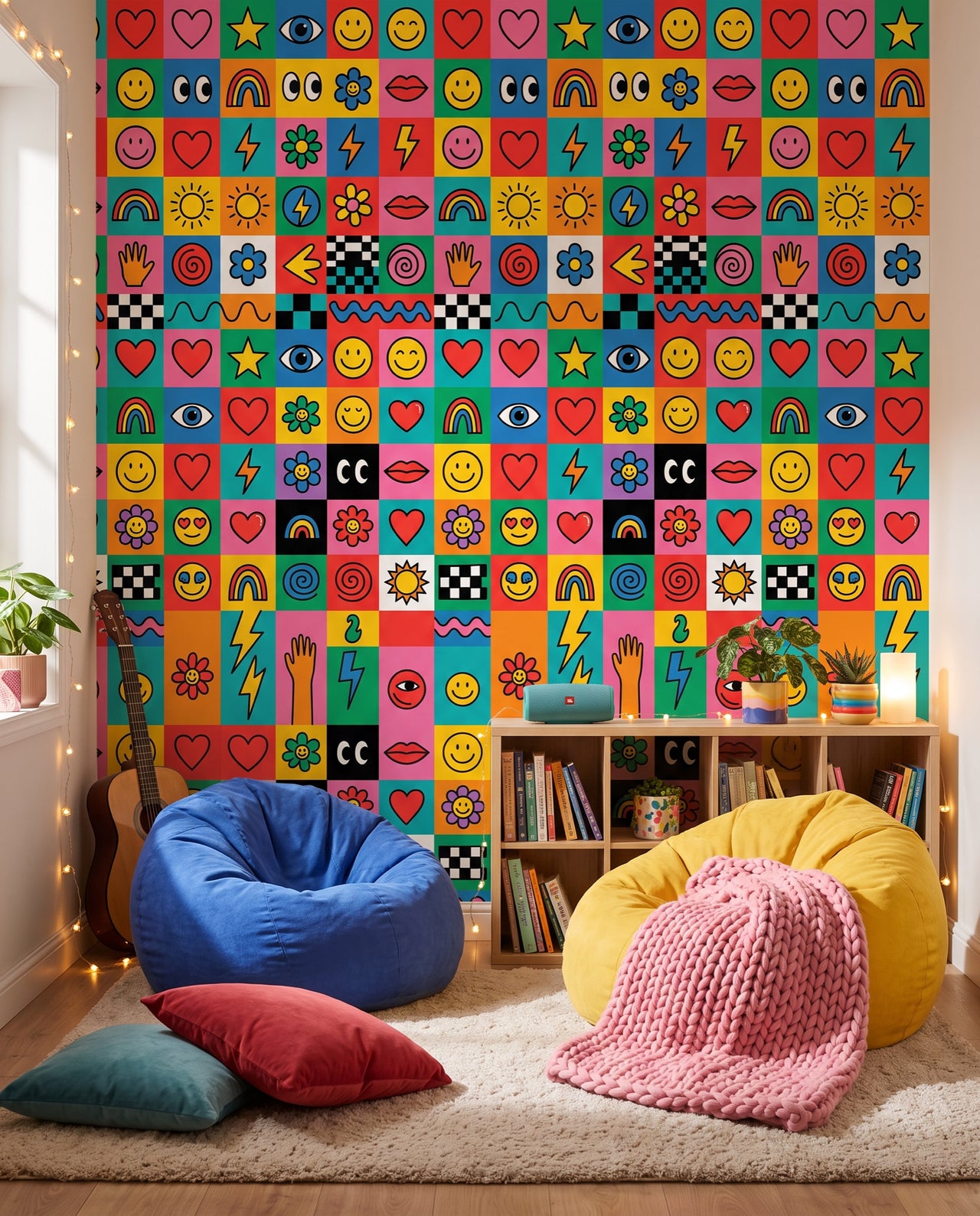 Papier peint Euphoria dans un coin détente à poufs bleu et jaune avec guitare et guirlandes : décor doodles Y2K Wonderwall Casablanca