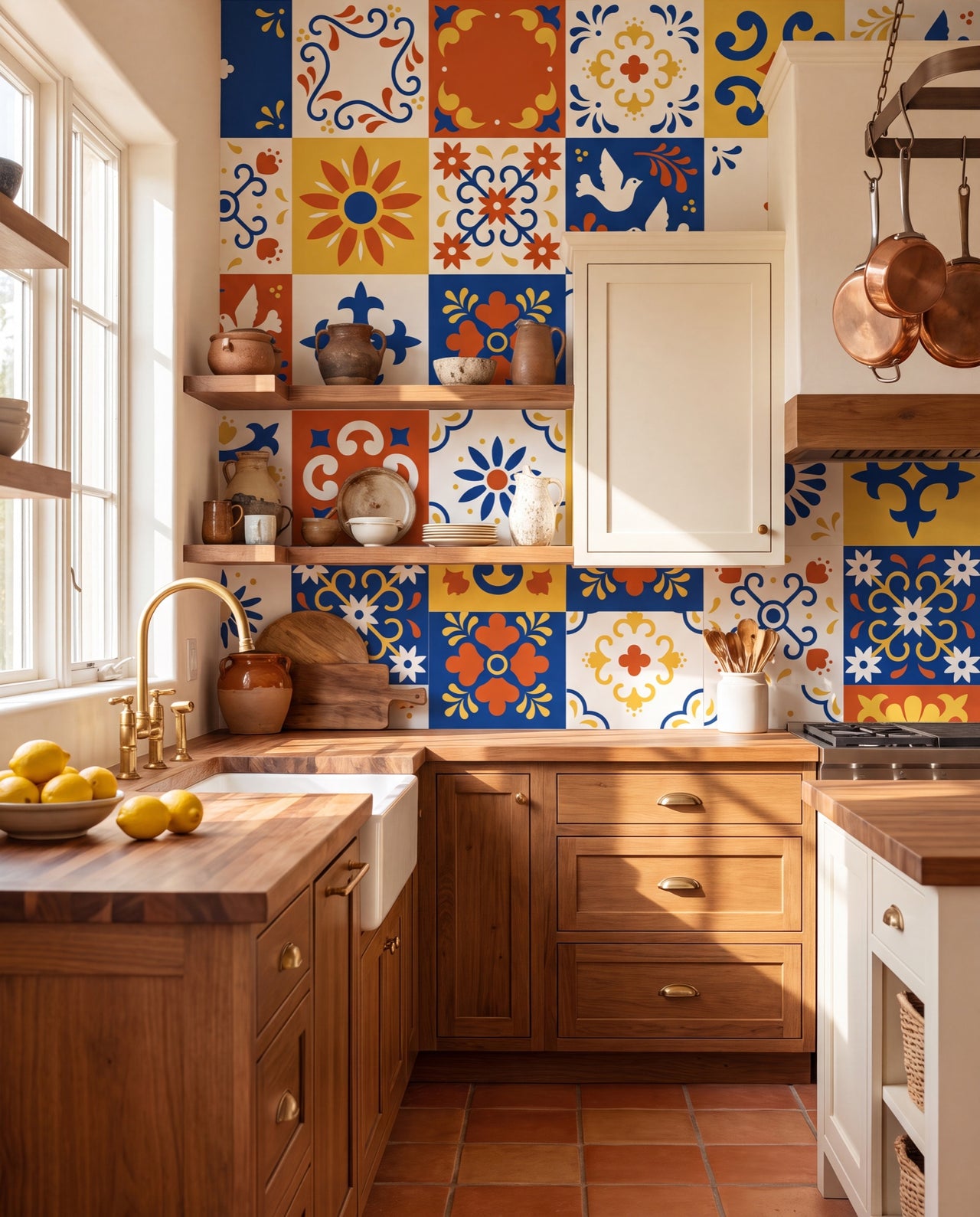 Papier peint carreaux azulejos Azulejos, patchwork Talavera cobalt et terracotta dans une cuisine méditerranéenne ensoleillée, Wonderwall Casablanca