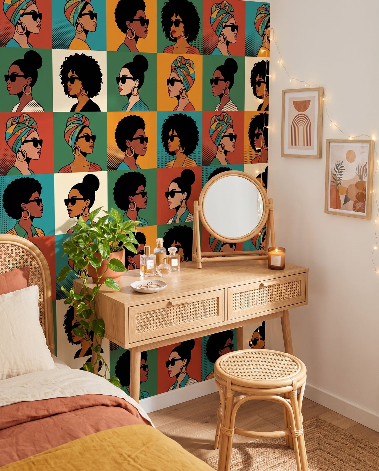Fresque murale Icônes derrière une coiffeuse en chêne cannage et miroir rond en rotin : papier peint pop art sur mesure Wonderwall
