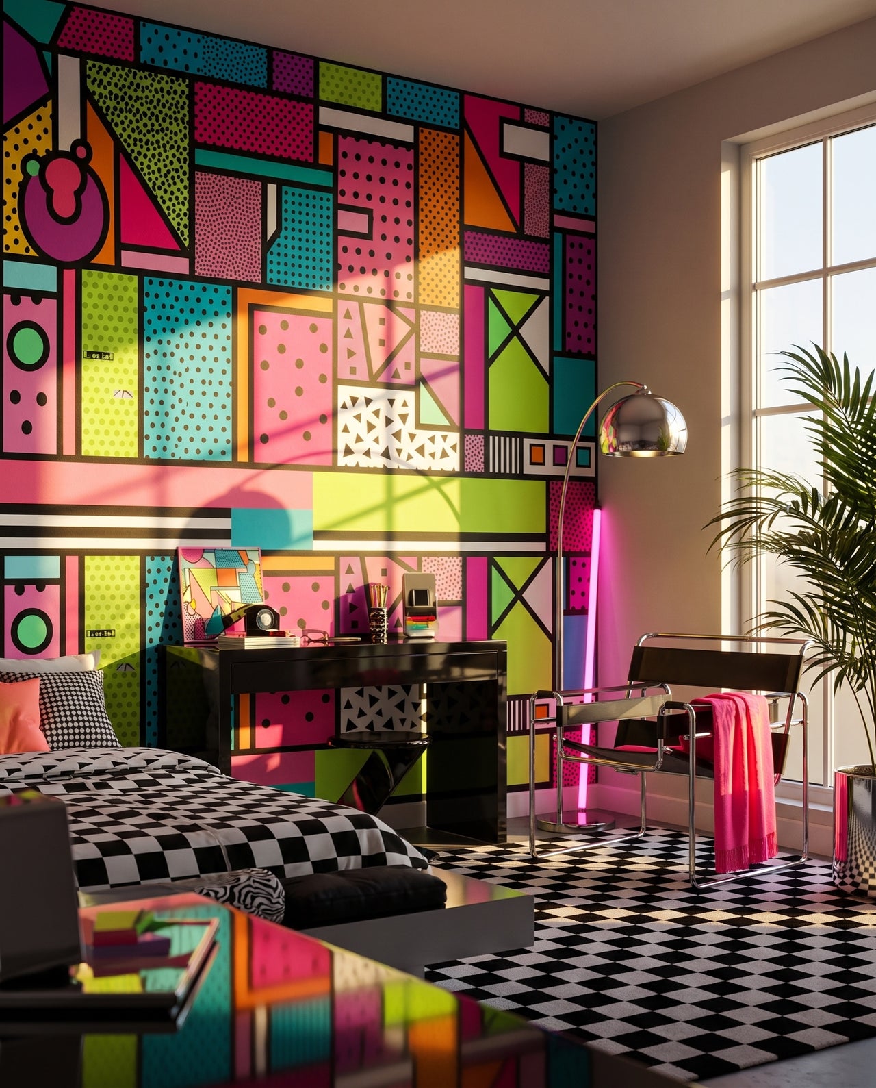 Papier peint panoramique Milano vu vers la fenêtre et le fauteuil cantilever chromé : fresque Memphis néon Wonderwall Casablanca