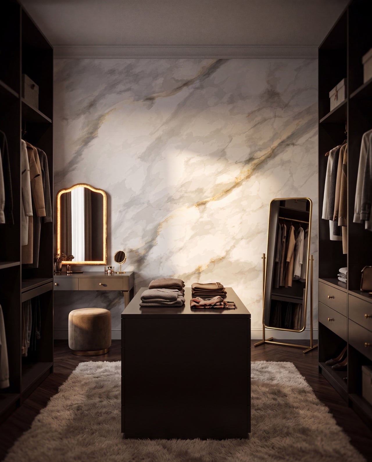 Papier peint panoramique Carrare dans un dressing luxe, effet marbre blanc et or Wonderwall Casablanca