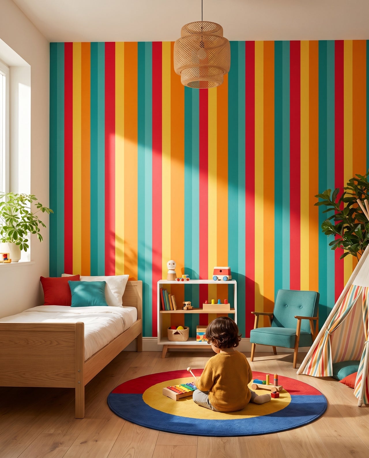 Papier peint Fiesta dans une salle de jeux, un enfant joue au xylophone sur le tapis : rayures sur mesure au Maroc, Wonderwall