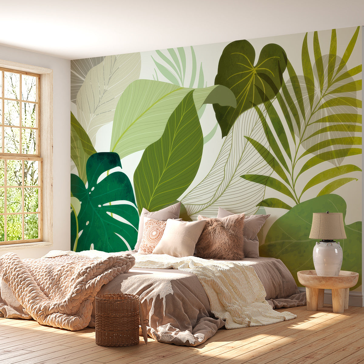 Papier peint botanique feuillage vert Green Harmony dans un salon, Wonderwall Casablanca, vue 2