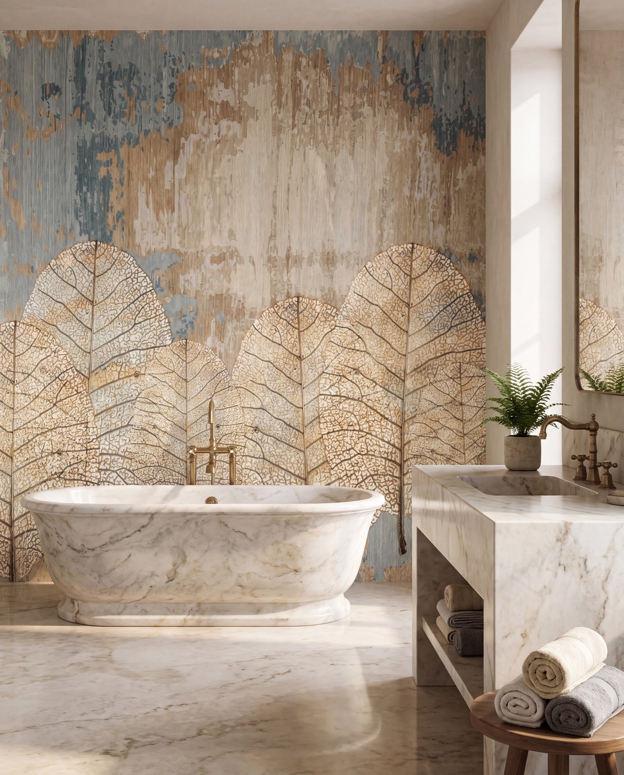 Fresque murale Feuilles de Nacre dans une salle de bain spa dorée, papier peint panoramique sur mesure Wonderwall