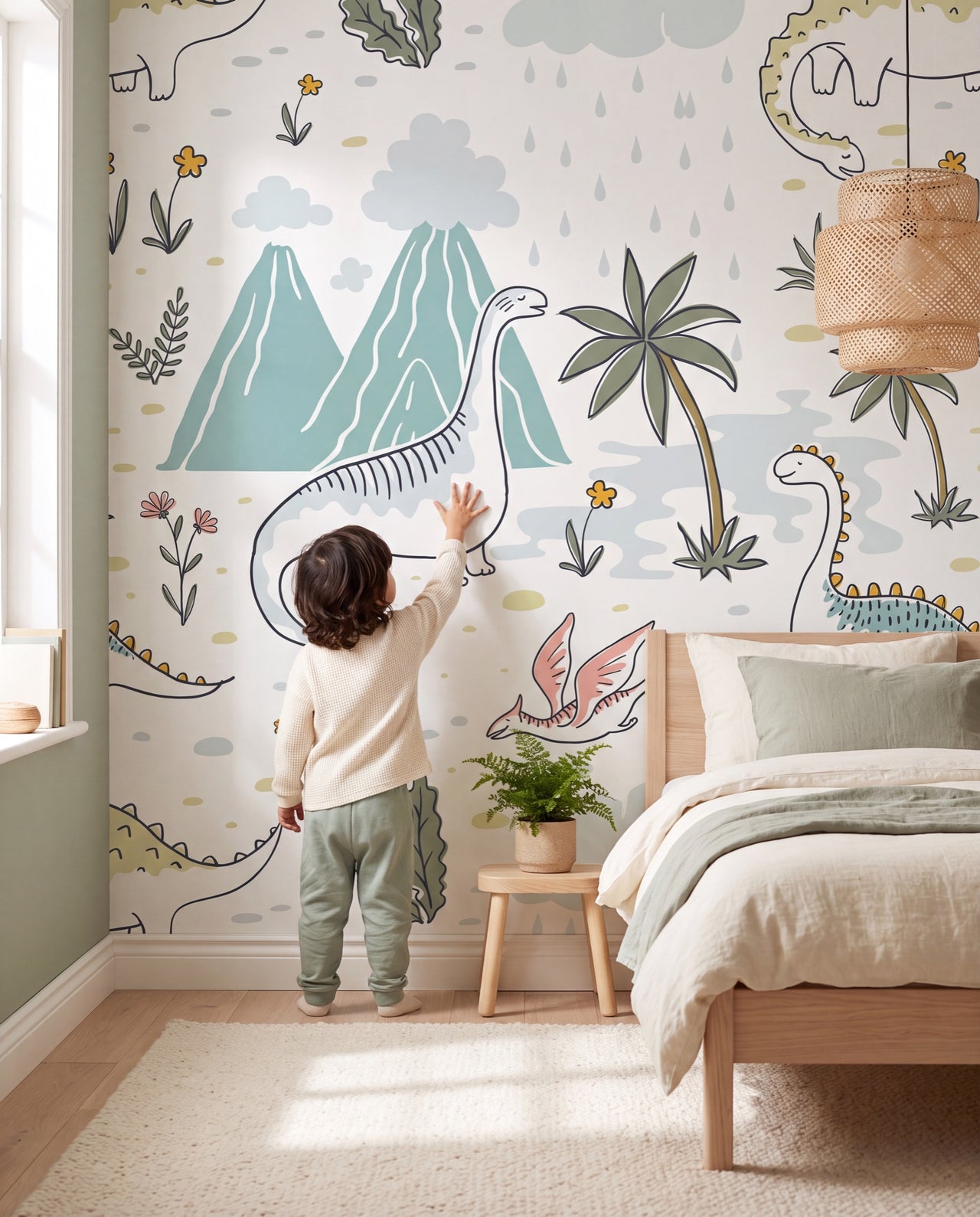 Papier peint enfant Diplodocus, enfant qui joue devant le mur aux dinosaures, Wonderwall Casablanca