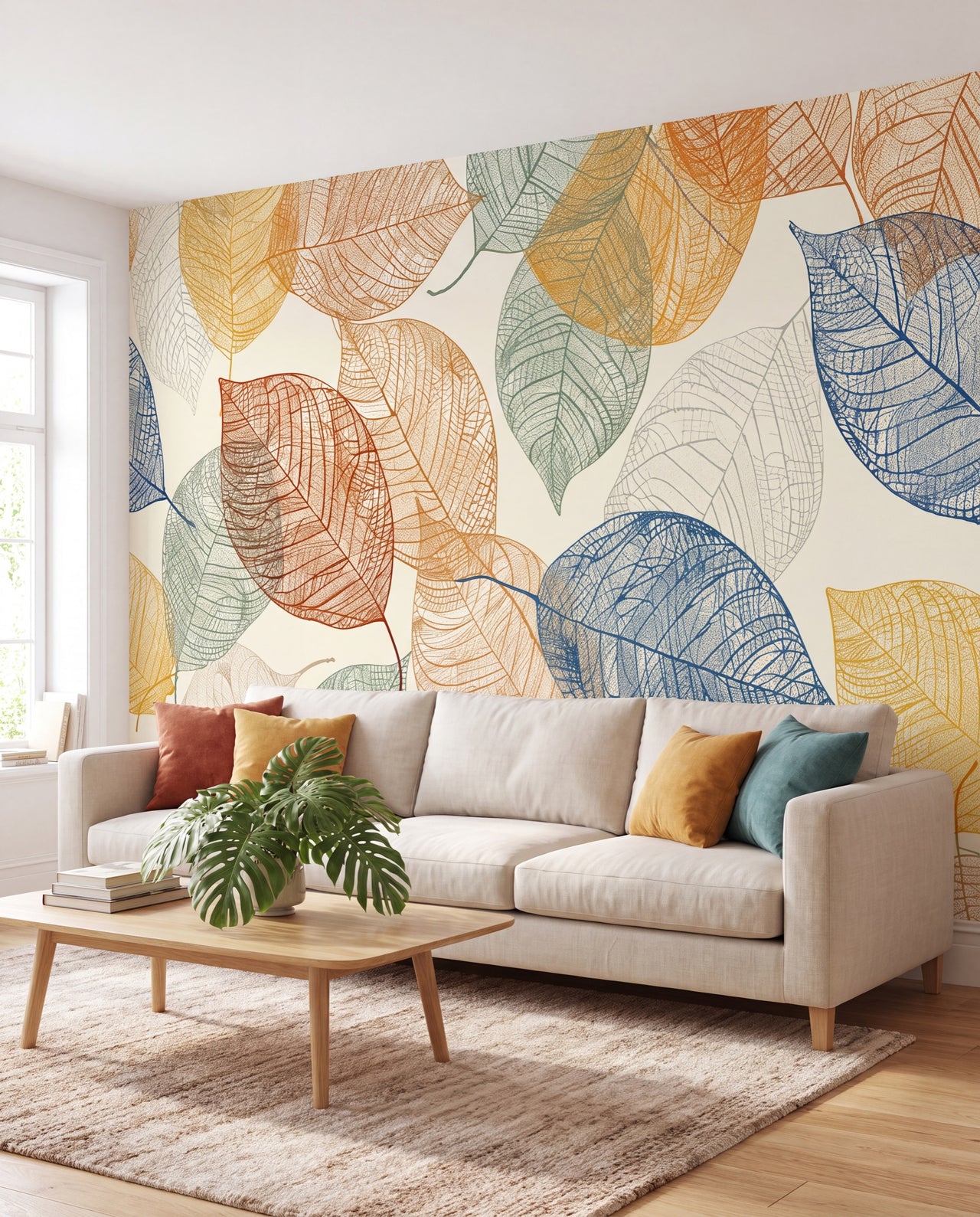Papier peint panoramique feuillage coloré Herbier Coloré, fresque feuilles nervurées multicolores dans un salon lumineux, Wonderwall Casablanca