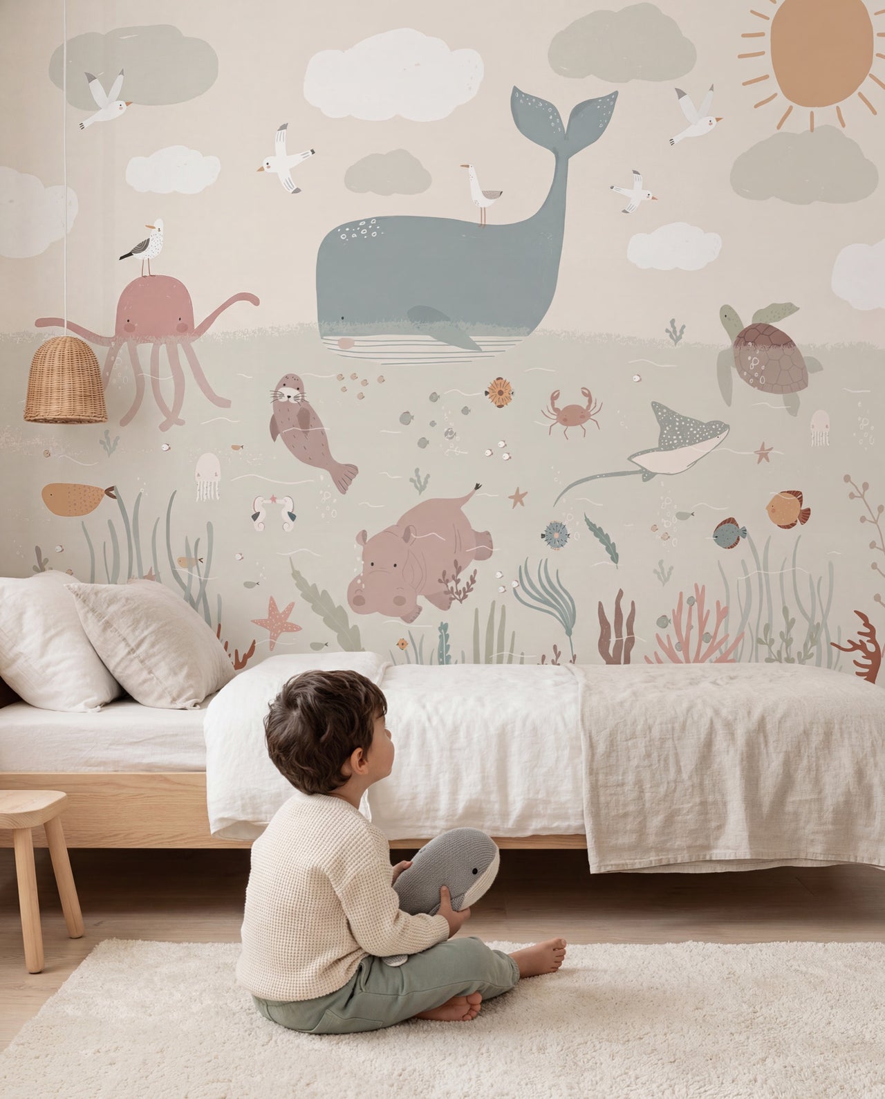 Papier peint enfant Récif, un garçon devant la fresque au fond marin pastel, Wonderwall Casablanca