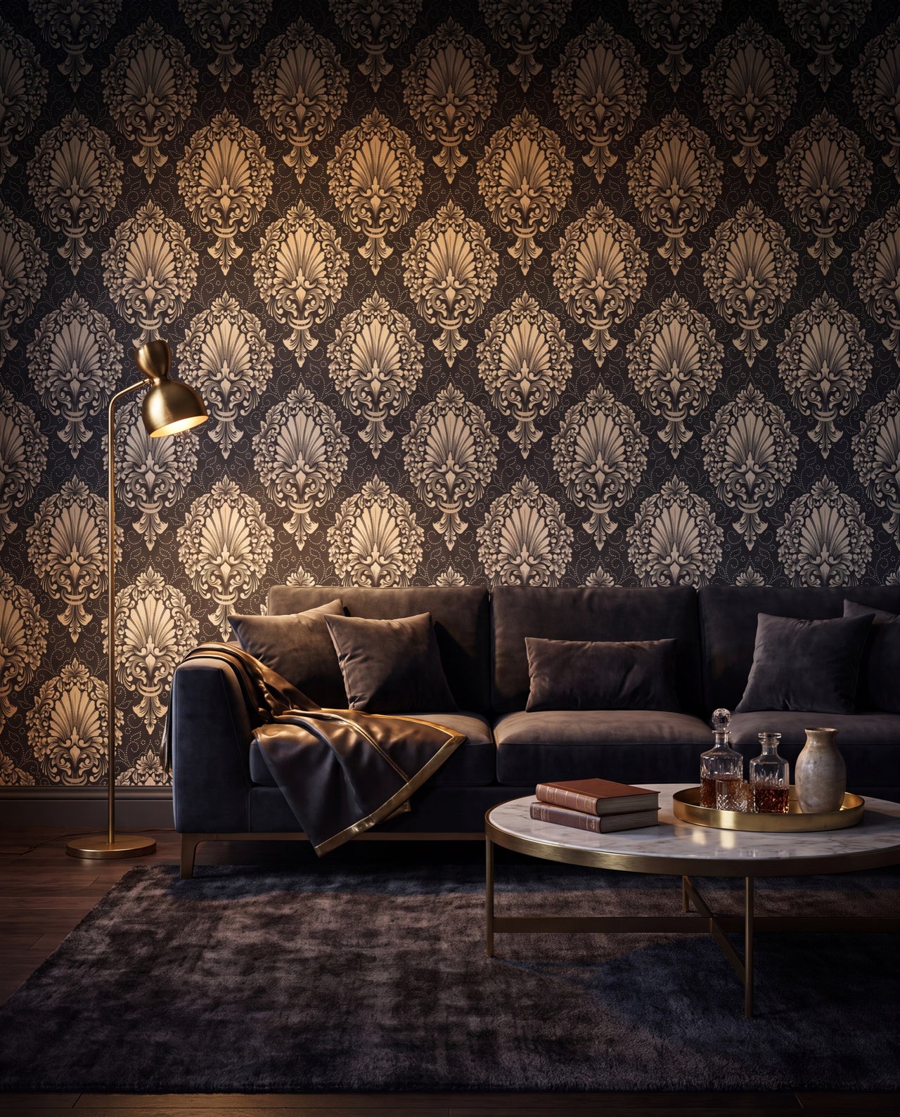 Papier peint damas baroque Versailles, médaillons crème et or sur charbon dans un salon feutré moody, Wonderwall Casablanca