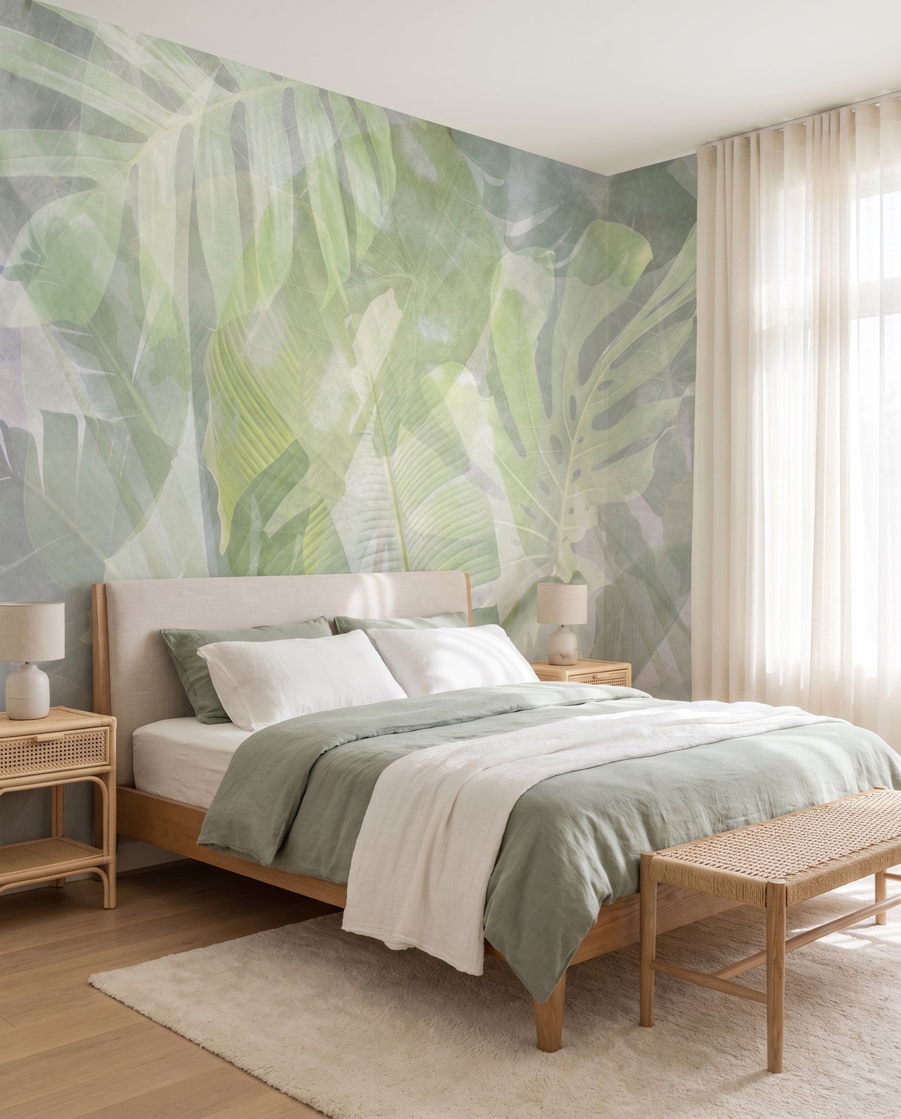 Fresque murale Sève dans une chambre en lin sauge avec chevets en rotin : papier peint panoramique botanique sur mesure Wonderwall