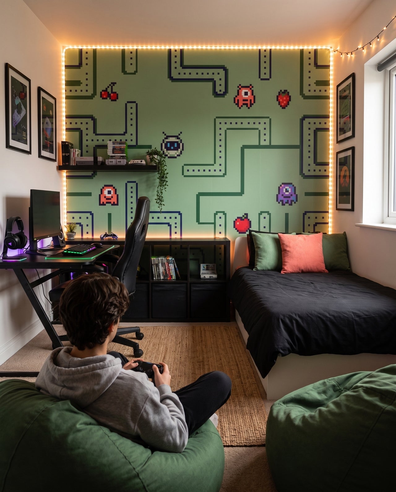 Fresque murale Level Up dans une chambre d'adolescent, manette en main sur un pouf vert : décor arcade sur mesure au Maroc, Wonderwall