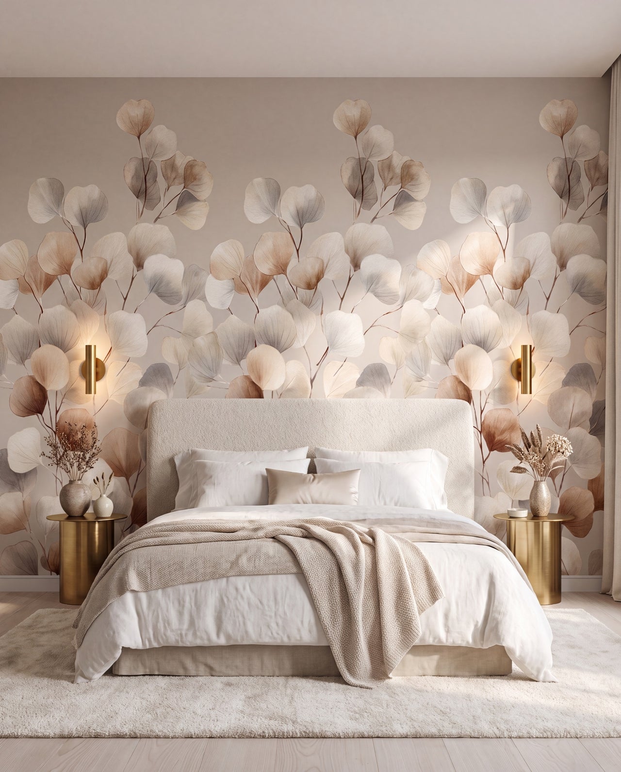 Papier peint panoramique eucalyptus Feuilles de Lune, fresque aquarelle crème et blush dans une chambre boutique-hôtel neutre, Wonderwall Casablanca