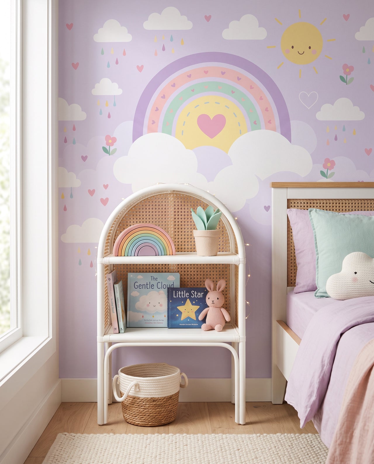 Fresque murale Rêverie en gros plan derrière l'étagère en cannage : papier peint arc-en-ciel pastel sur mesure Wonderwall