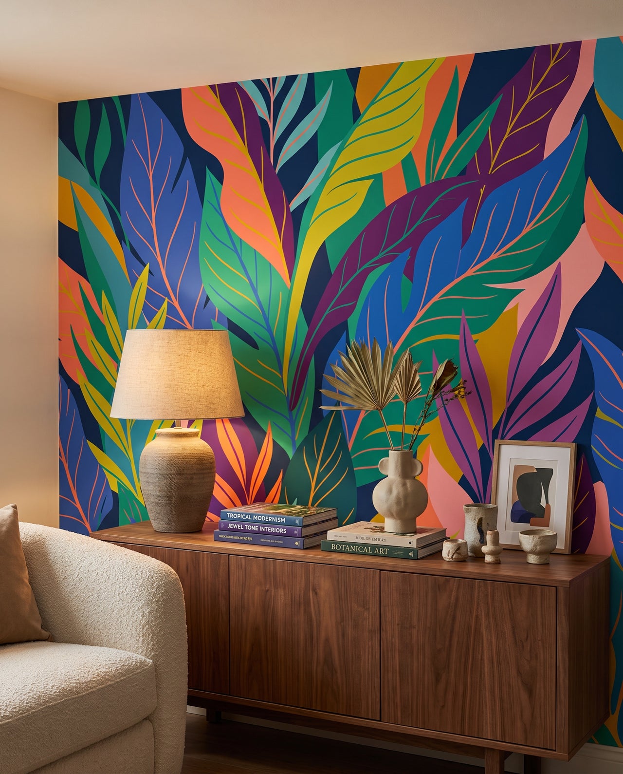 Fresque murale Tulum derrière une enfilade en noyer avec vase de pampa : papier peint tropical coloré sur mesure Wonderwall