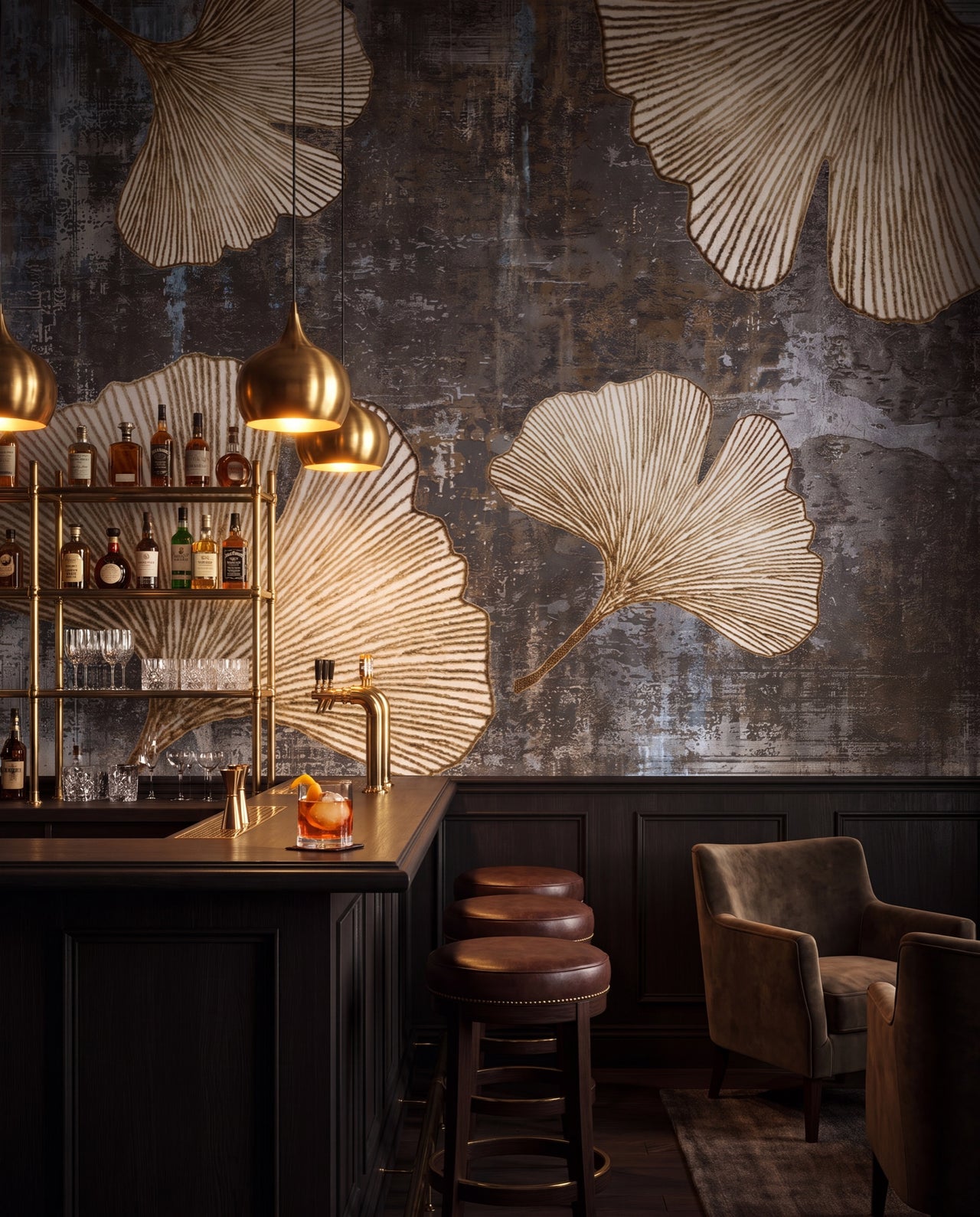 Papier peint panoramique Ginkgo Bronze dans un bar lounge speakeasy, fresque ginkgo bronze Wonderwall Casablanca
