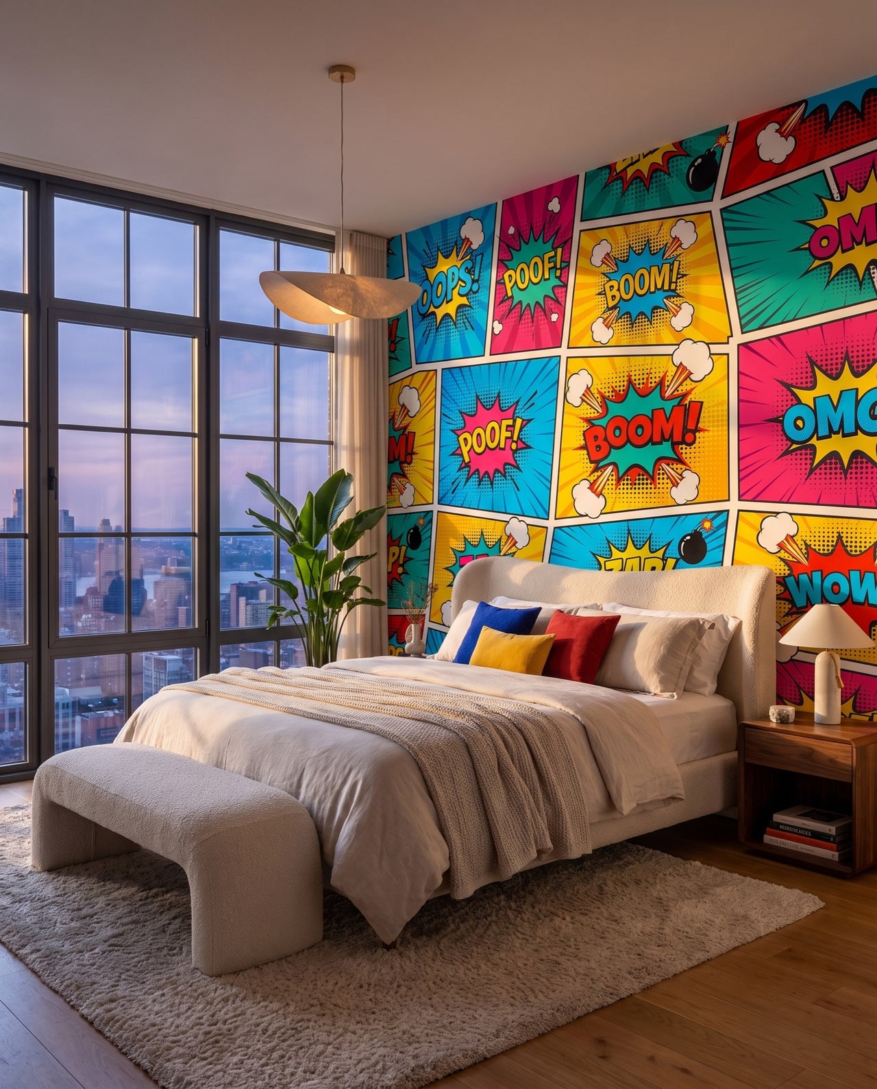 Fresque murale Vertigo dans une chambre penthouse au crépuscule face à la skyline : papier peint pop art sur mesure Wonderwall