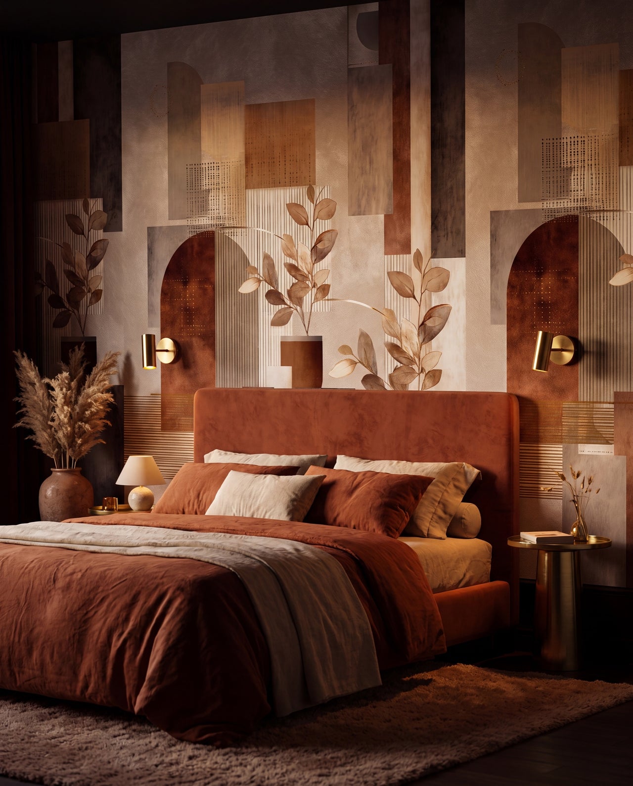 Fresque murale Terracotta Bohème dans une chambre boudoir terracotta, papier peint panoramique sur mesure Wonderwall
