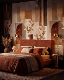 Fresque murale Terracotta Bohème dans une chambre boudoir terracotta, papier peint panoramique sur mesure Wonderwall