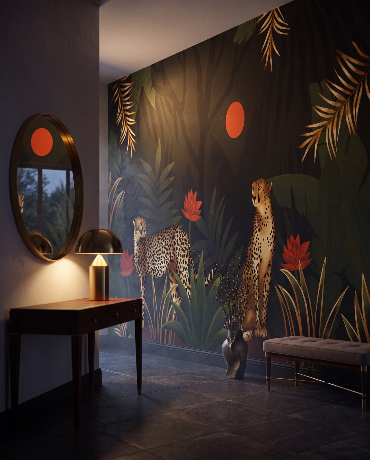 Fresque murale Guépards de Minuit dans une entrée d'hôtel particulier, papier peint panoramique sur mesure au Maroc, Wonderwall