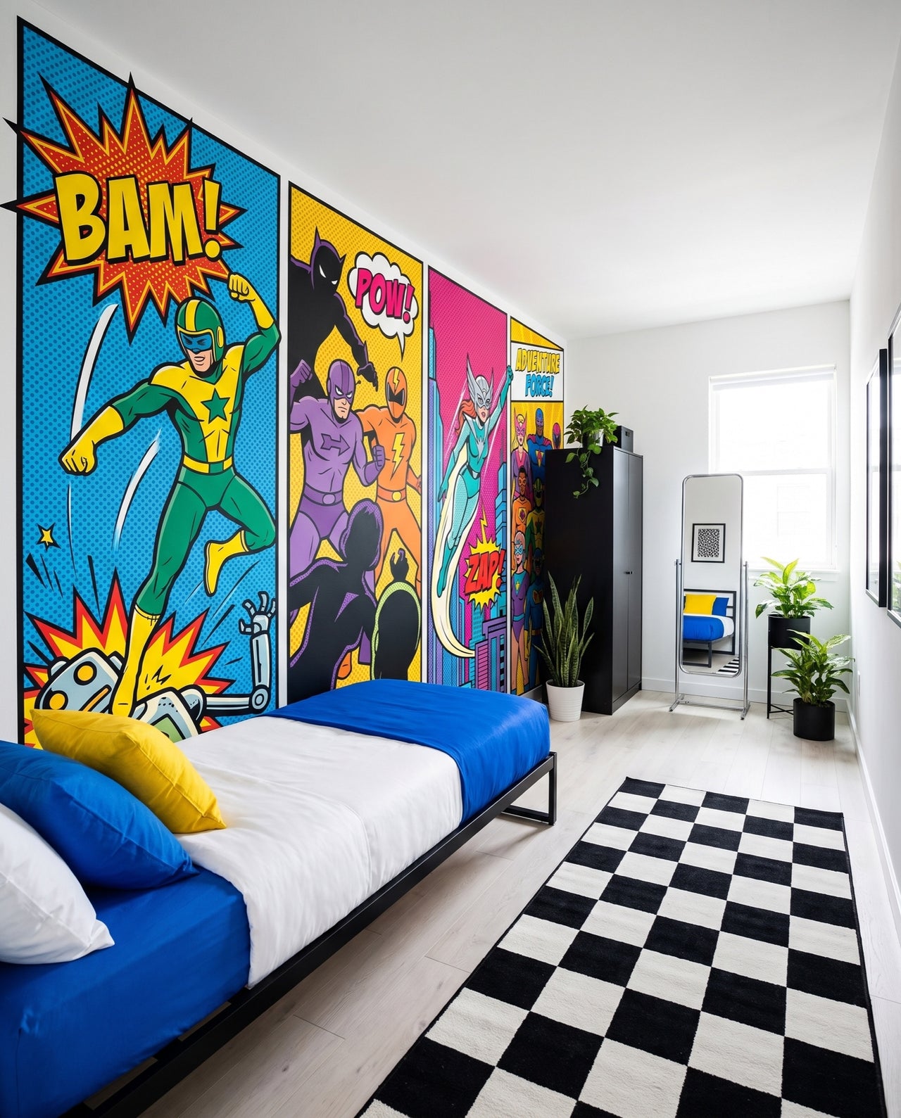 Fresque murale Nova dans une chambre monochrome à structure noire et miroir chromé : planche comic sur mesure au Maroc, Wonderwall