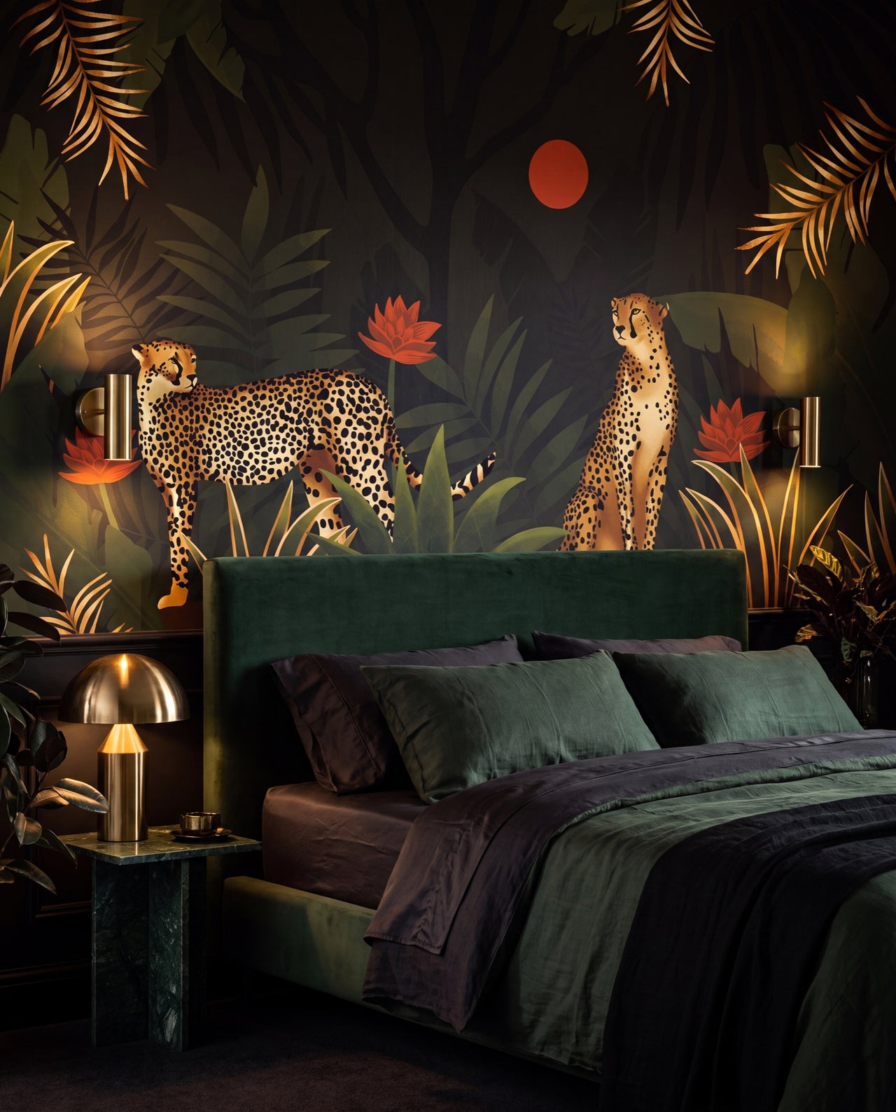Fresque murale Guépards de Minuit dans une chambre sombre sensuelle, papier peint panoramique sur mesure Wonderwall