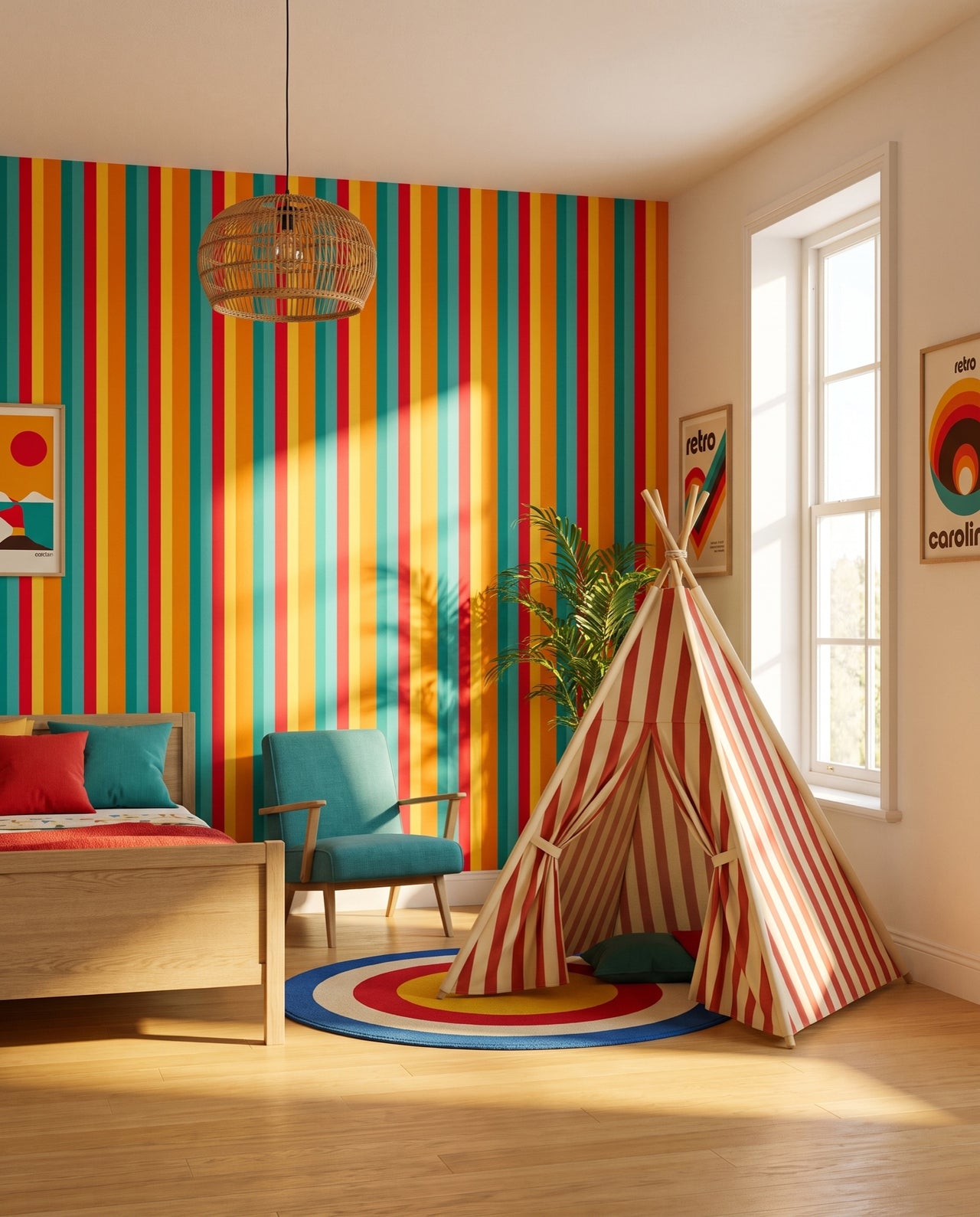 Papier peint Fiesta vu depuis le tipi rayé vers la fenêtre : décor rayures rétro Wonderwall Casablanca