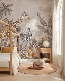 Papier peint enfant Serengeti — enfant qui joue devant le mur safari à l'aquarelle, Wonderwall Casablanca