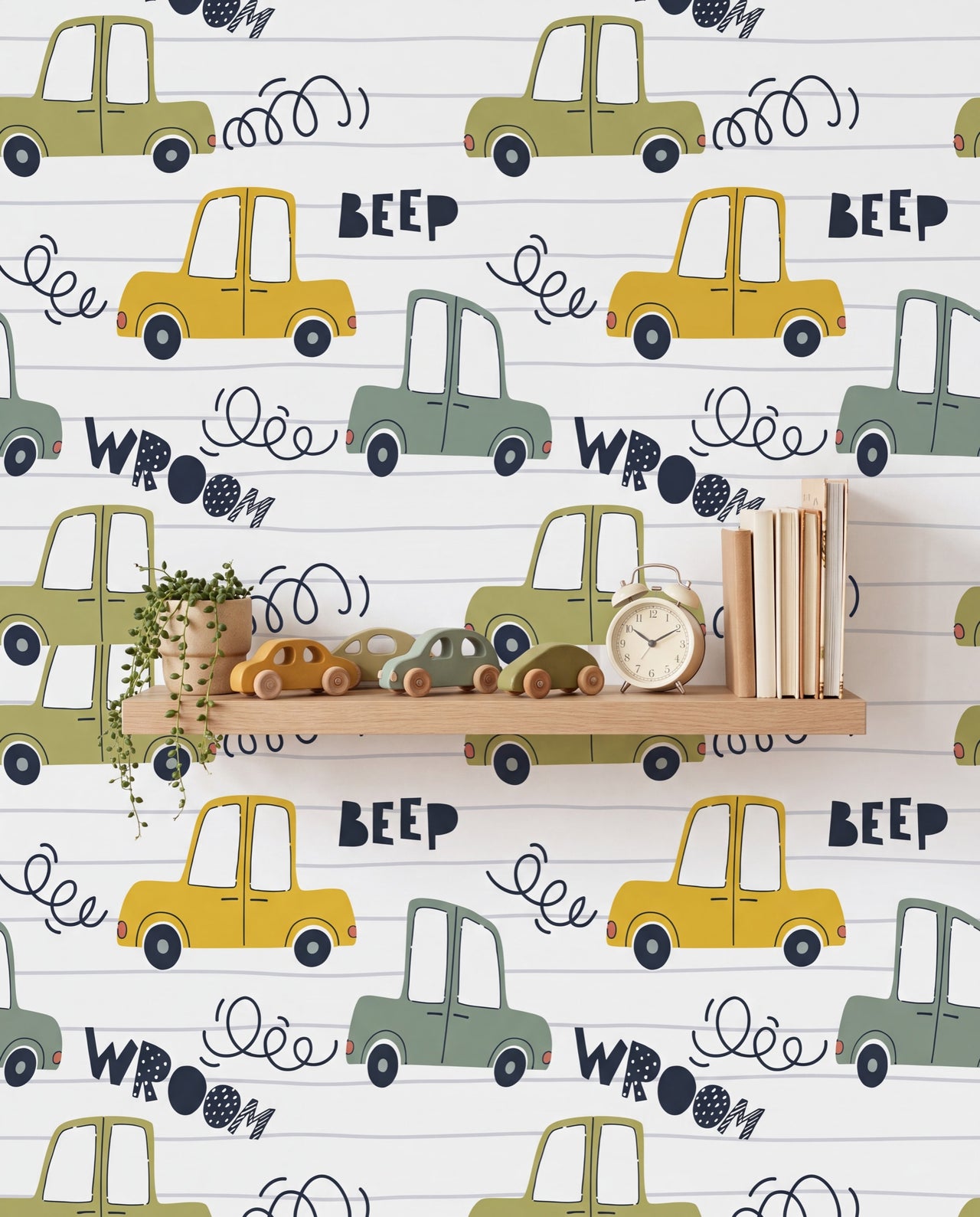 Détail du papier peint Mille Bornes, voitures dessinées et onomatopées sur routes, Wonderwall Casablanca