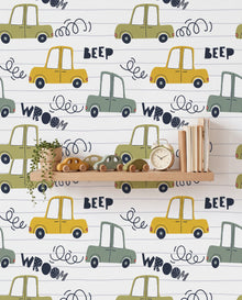 Détail du papier peint Mille Bornes, voitures dessinées et onomatopées sur routes, Wonderwall Casablanca