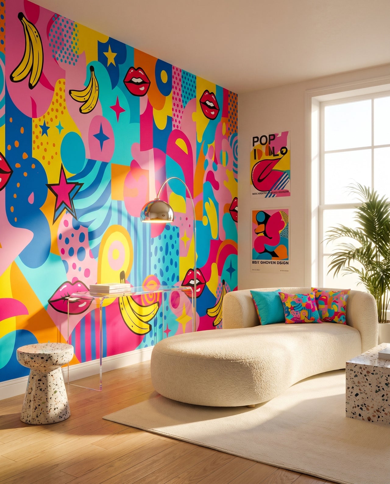 Papier peint panoramique Candy vu vers la fenêtre et le tabouret en terrazzo : fresque pop art Wonderwall Casablanca