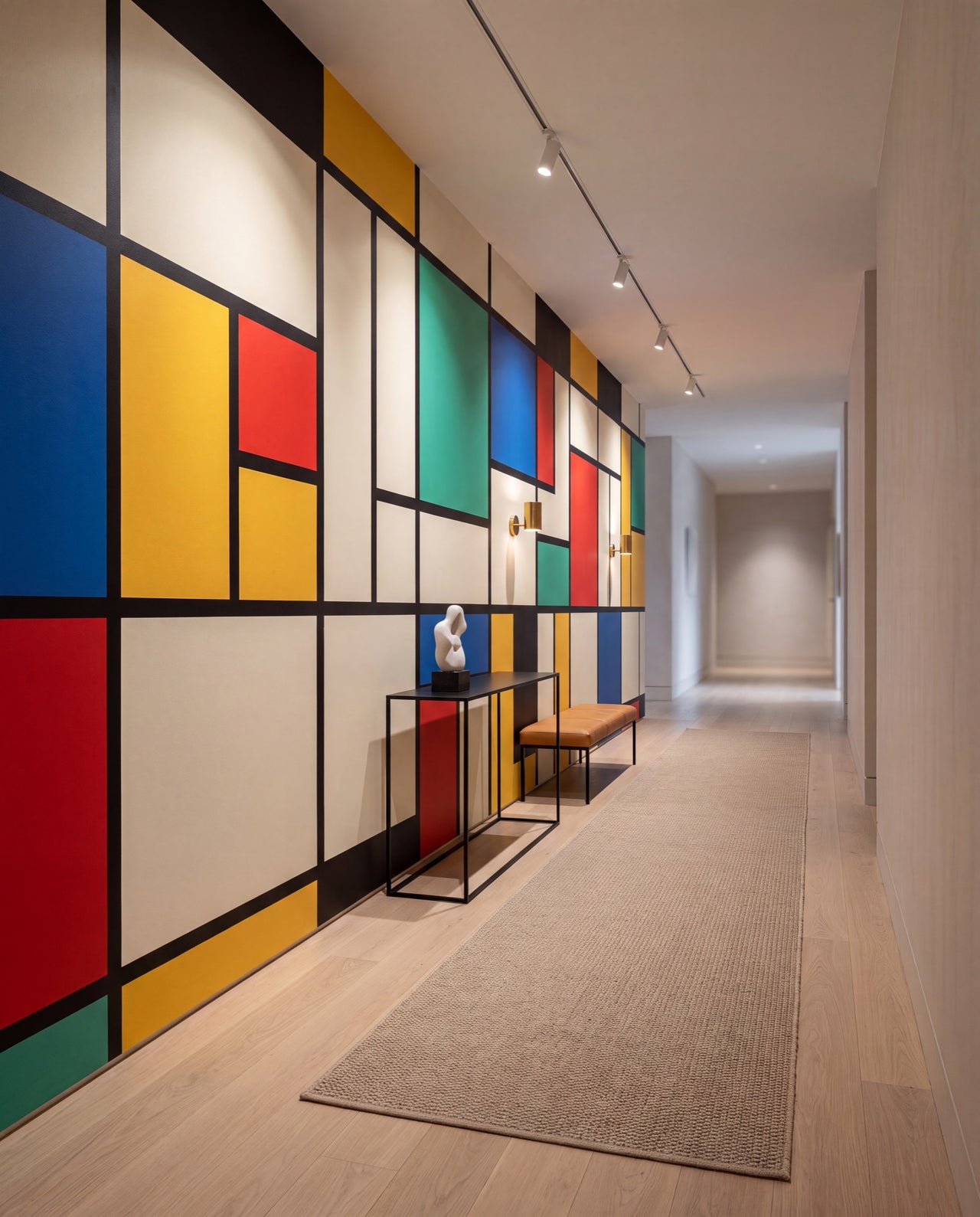 Fresque murale Mondrian dans un couloir galerie, papier peint panoramique sur mesure au Maroc, Wonderwall