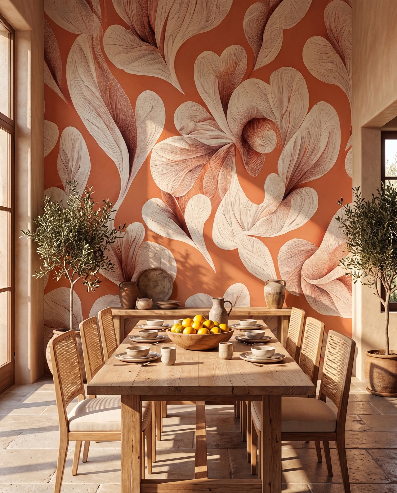 Papier peint panoramique Soleil de Sienne dans une salle à manger méditerranéenne, fresque florale terracotta Wonderwall Casablanca