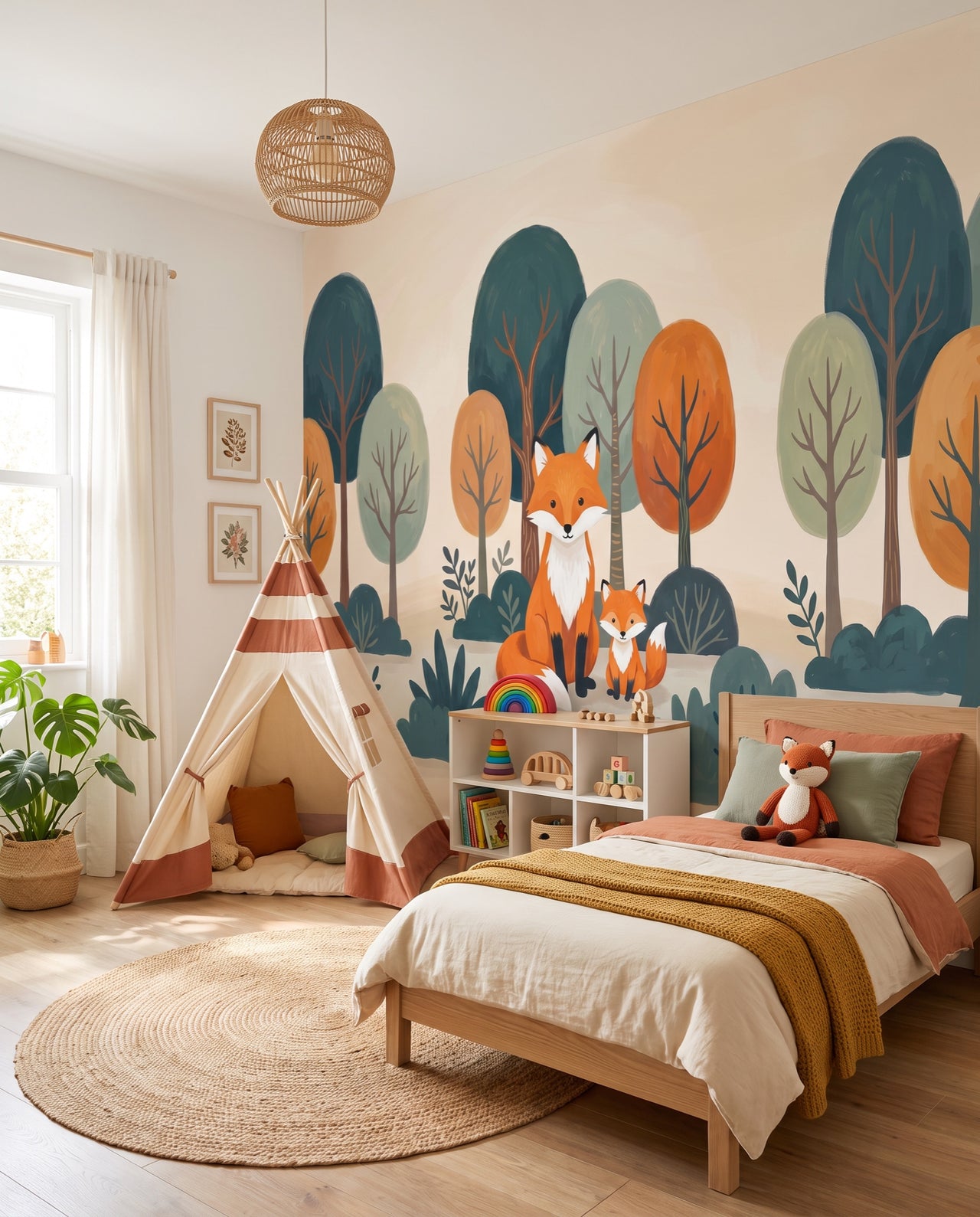 Papier peint panoramique Goupil vu depuis le tipi vers la fenêtre : fresque forêt pour chambre d'enfant Wonderwall Casablanca