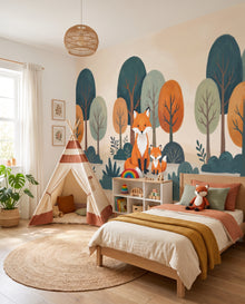 Papier peint panoramique Goupil vu depuis le tipi vers la fenêtre : fresque forêt pour chambre d'enfant Wonderwall Casablanca