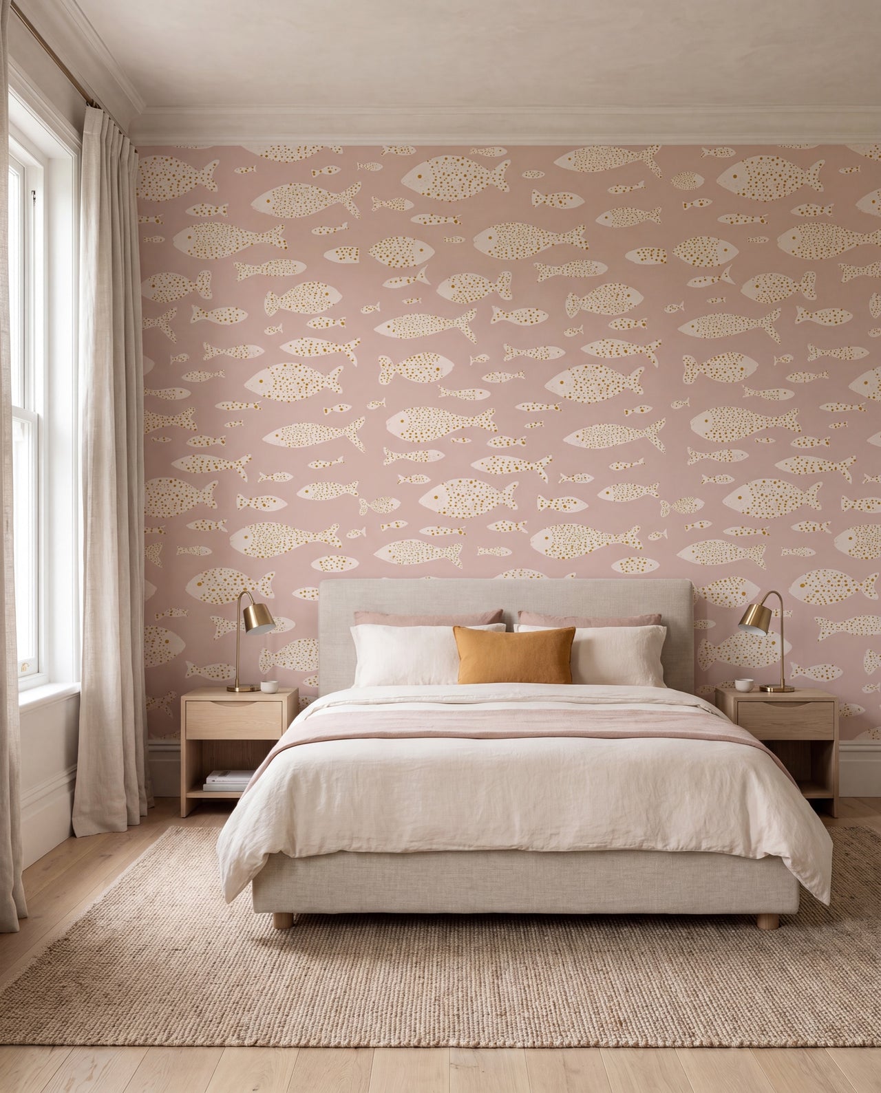 Papier peint poissons Pescadilla — banc de poissons crème mouchetés d'or sur fond rose blush dans une chambre raffinée, Wonderwall Casablanca